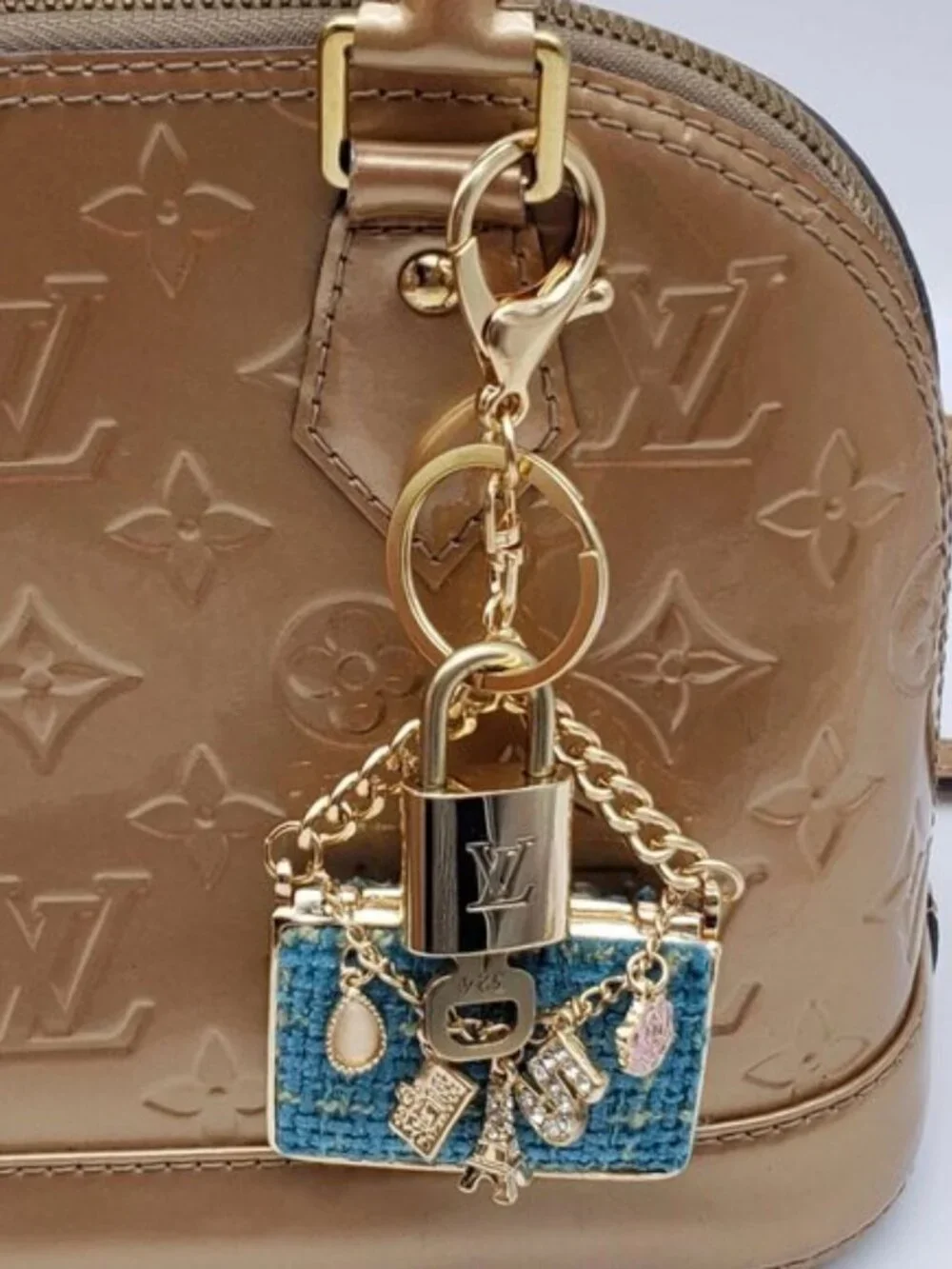 Authentic Louis Vuitton Padlock & Key Gold ✨Unbranded Tweed Bag Charm Keychain